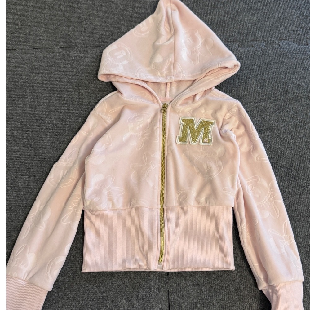 Disney Minnie Mouse Girls Pink Velour Zip Up Hoodie Embossed Pattern Size 4/5 z3